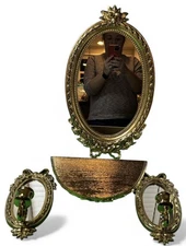 Home Interior Wall Decor Set Of 4 MCM Hollywood Regency Gold Mirror Sconce Shelf