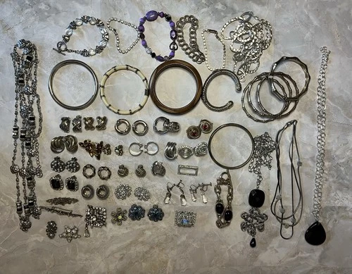 Silver Tone Large Costume Modern Vintage Wearable Jewelry Lot