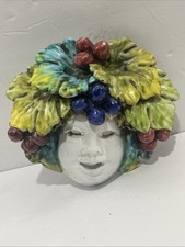 Sicilian Italian Majolica Art Pottery Grape, Leaves Bacchus Face Mask Wall Hang
