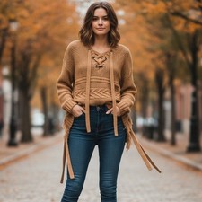 Moon River Sweater Women's Size L Brown Lace Up Knit Boho Tie Front Sides Fringe