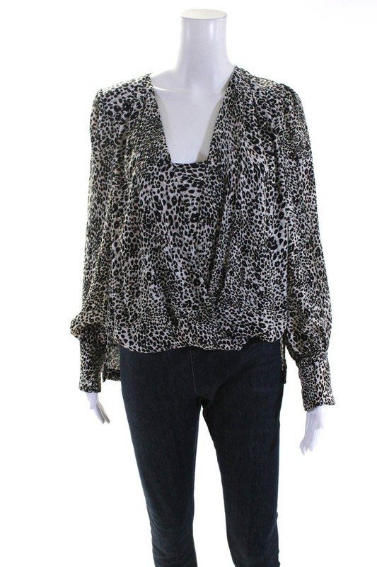 BCBGMAXAZRIA Womens Long Sleeve Leopard Printed Top White Black Gray Size XS