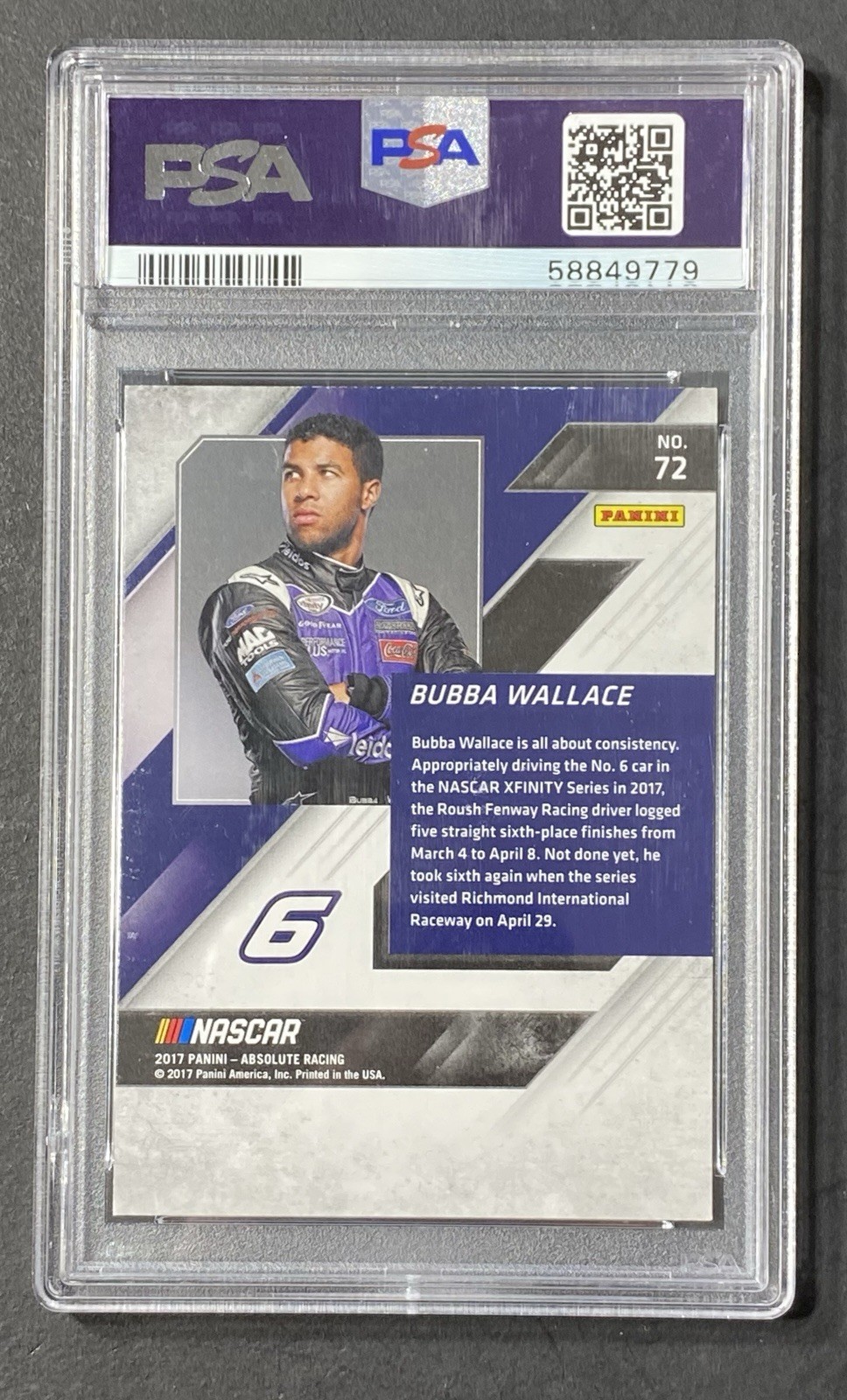 2017 Panini Absolute Racing NASCAR  #72 Bubba Wallace PSA 7 view 2