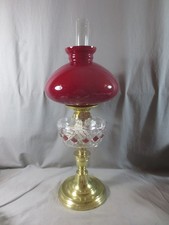 Made In England Brass & Cut Glass  Oil Lamp With Cased Glass Vesta Shade