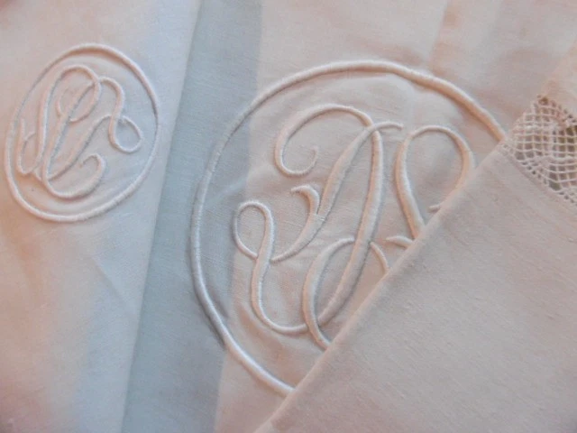 Drap + 2 taies pur fil de lin brodé chiffrés D.S. (3) - Photo 4/4