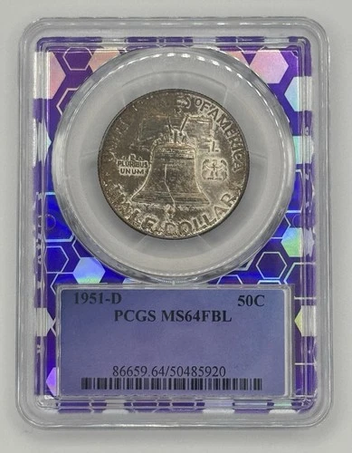 1951 D PCGS MS 64 FBL Franklin Silver, MS 64 Full Bell Line 50c
