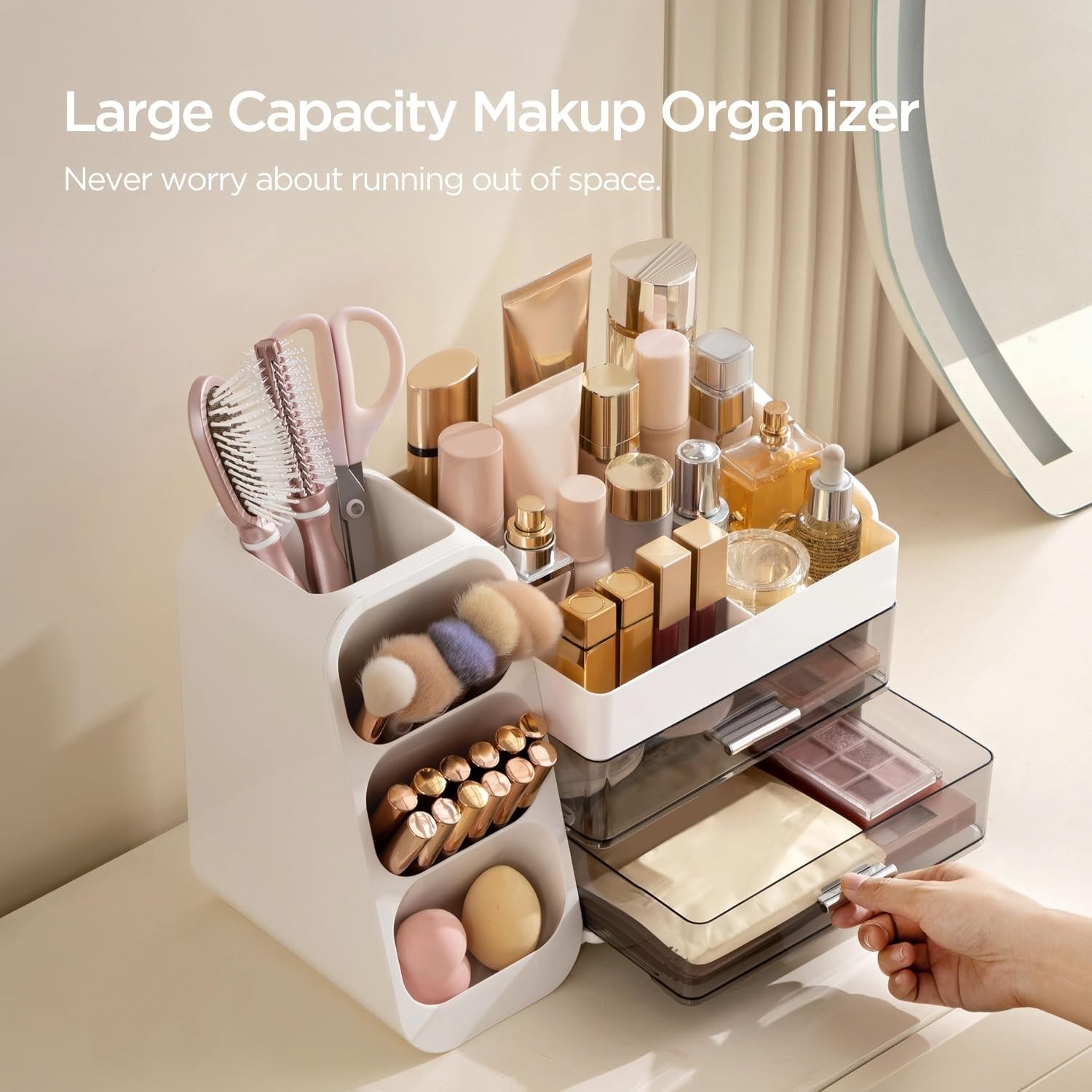 Makeup Organizer with Brush Holder for Vanity, Large Plastic Bathroom Countertop