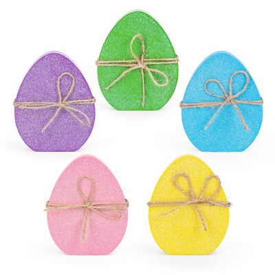 Whaline 5 Pcs Easter Egg Wooden Signs Glitter Egg Shape Farmhouse Tiered Tray...
