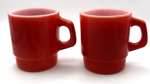 Vintage Fire King Anchor Hocking USA Mugs Red Stacking Base D Handle