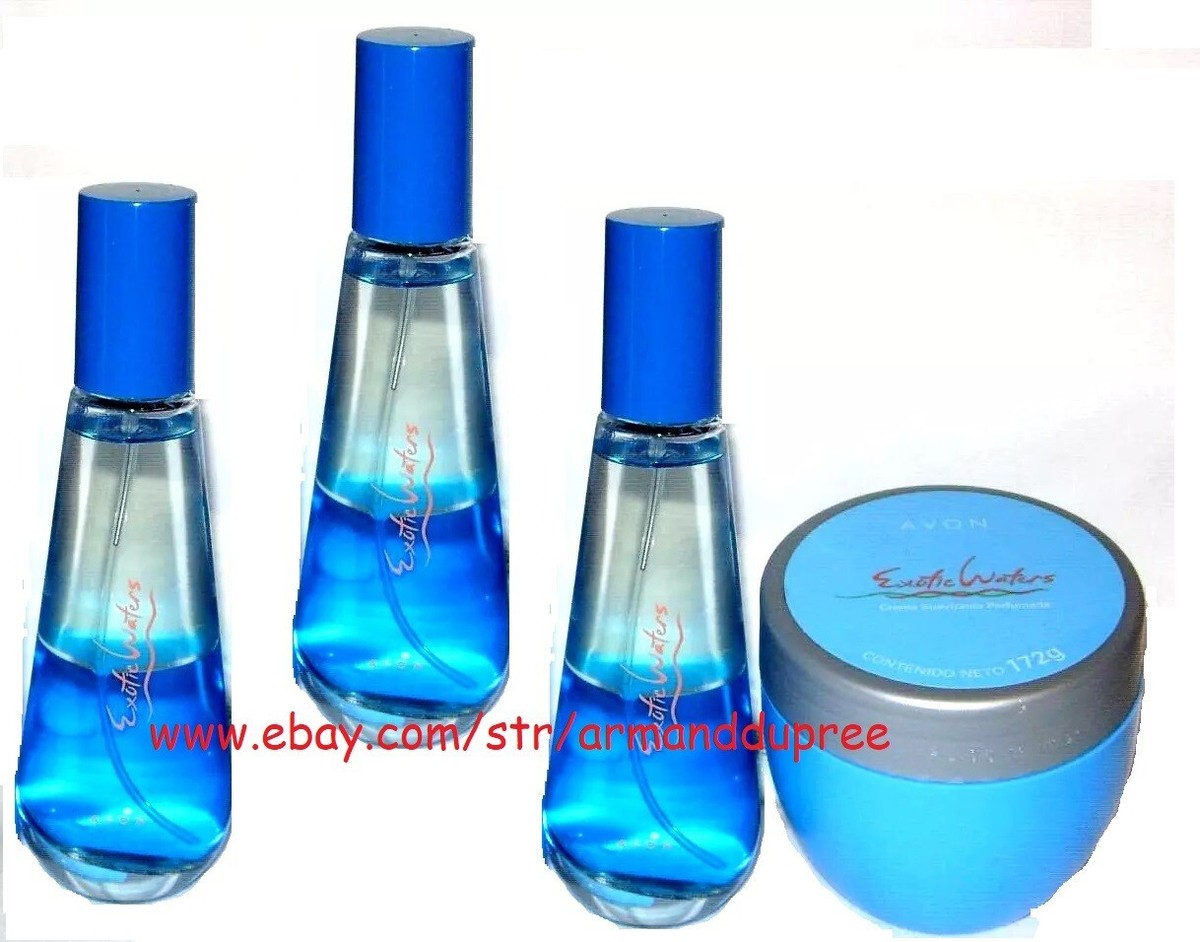 AVON EXOTIC WATERS colonia para dama PERFUMES Y CREMA SET DE PIEZAS