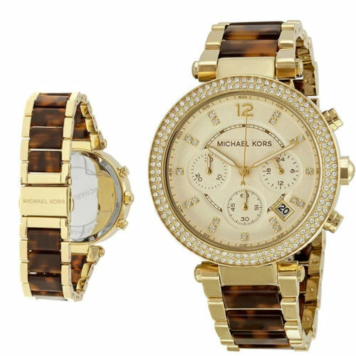 NUOVO OROLOGIO MICHAEL KORS PARKER GUSCIO TARTARUGA+TONO ORO+CRONO CRISTALLI MK5688