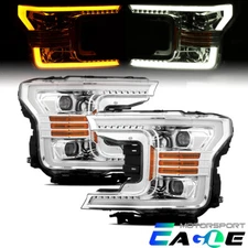 LED Turn Signal Chrome Projector Headlights Head Lamps For 2018 2019 Ford F-150