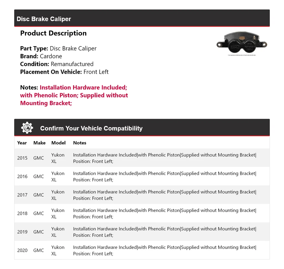 For 2015-2020 GMC Yukon XL Disc Brake Caliper Front Left Cardone 2016 2017 2018 - Image 2 of 4