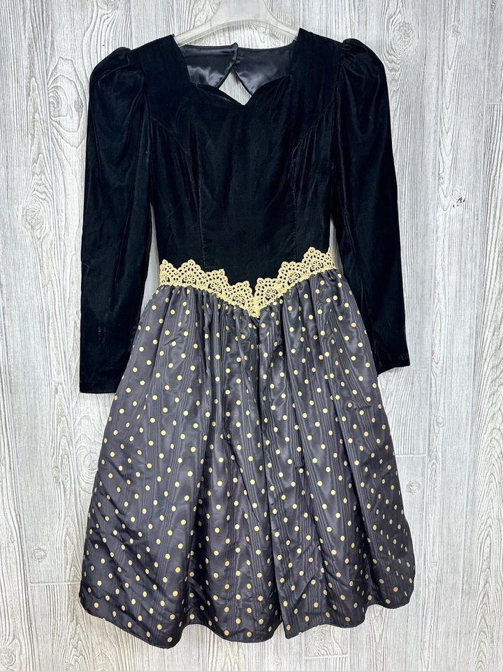 Vestido De Colección Scott McClintock Negro Terciopelo Dorado Lunares Talla 4 Diamante Espalda Abierta Foto 2 de 4