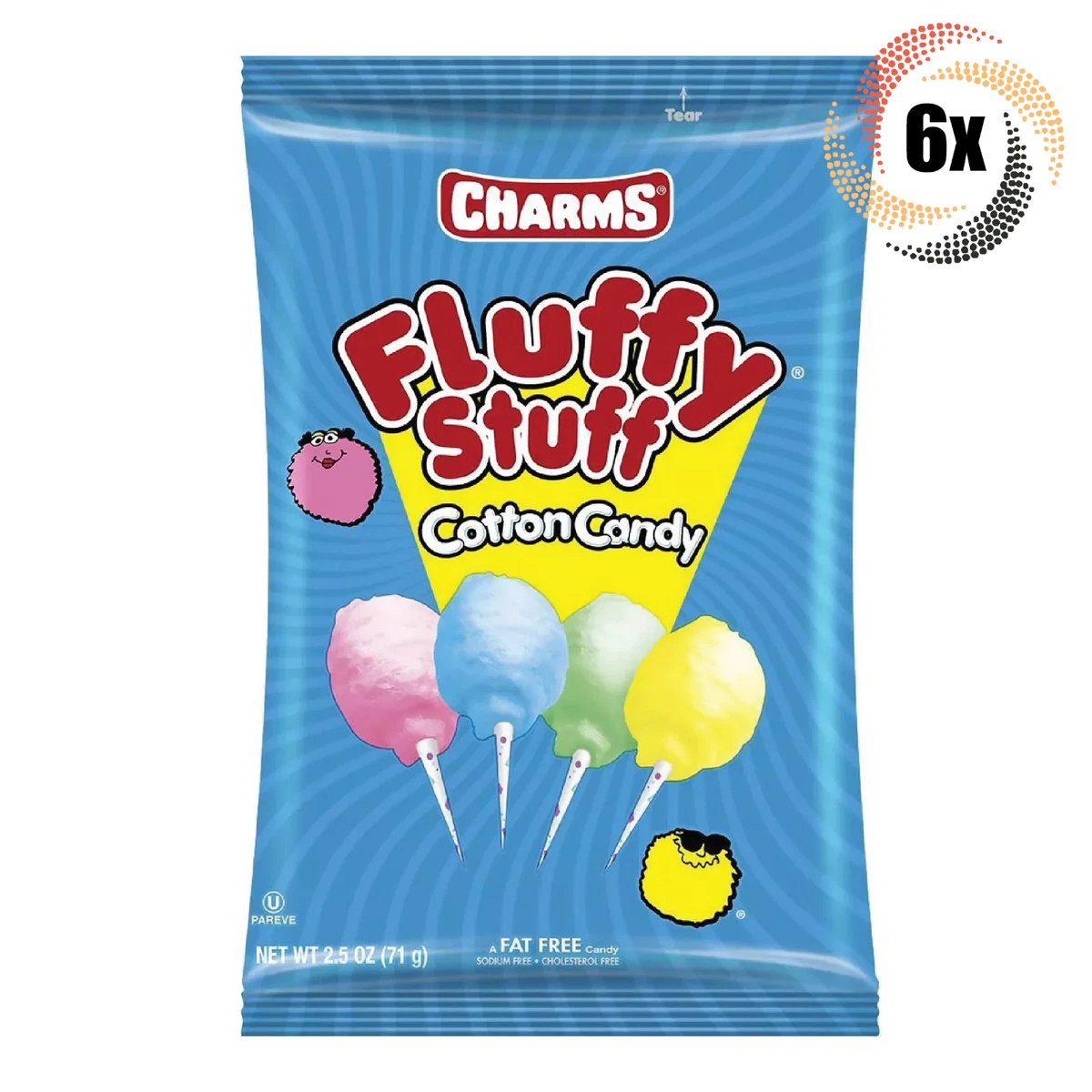 6x Bags Charms Fluffy Stuff Assorted Flavor Cotton Candy, Fat Free, 2.5oz