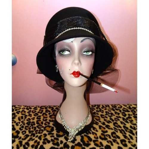 Vintage Black Wool Church Hat Rhinestones mesh bow feathers Kentucky Derby retro - Picture 2 of 13