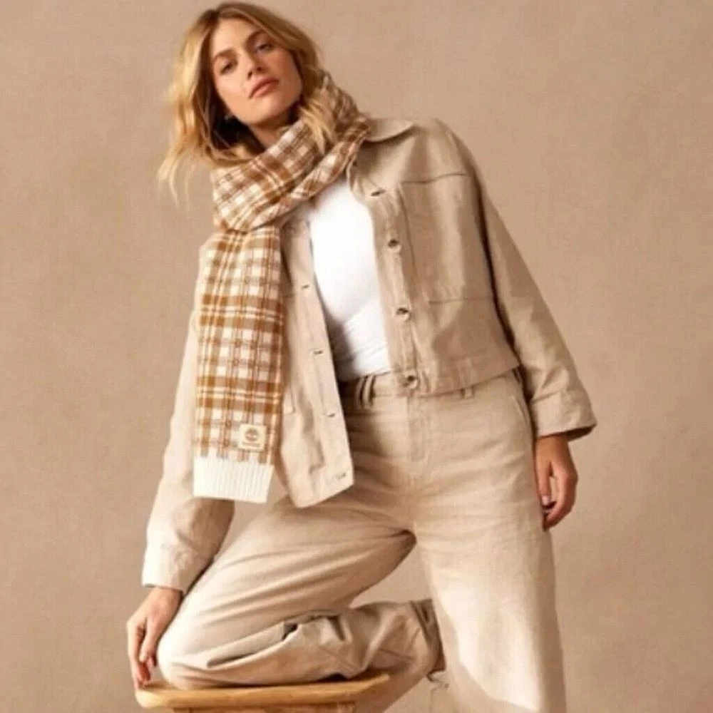 Timberland Scarf Wheat Cream Buffalo Plaid One Size Fits All NEW $60