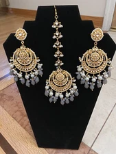 Indian Bollywood Gold Plated Kundan Pearl Earring & Tikka Set Bridal Ethnic USA