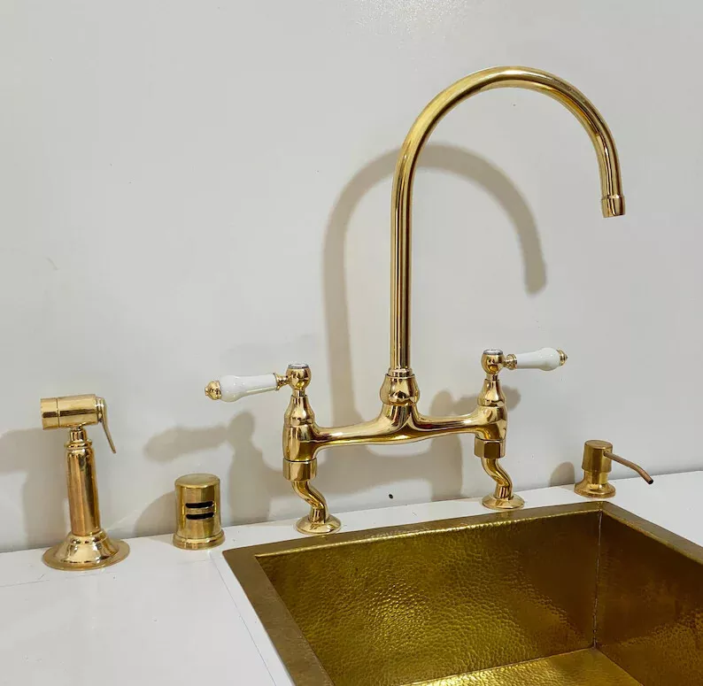 Antique brass Faucet with Porcelain Lever Unlacquered Brass kitchen Faucet