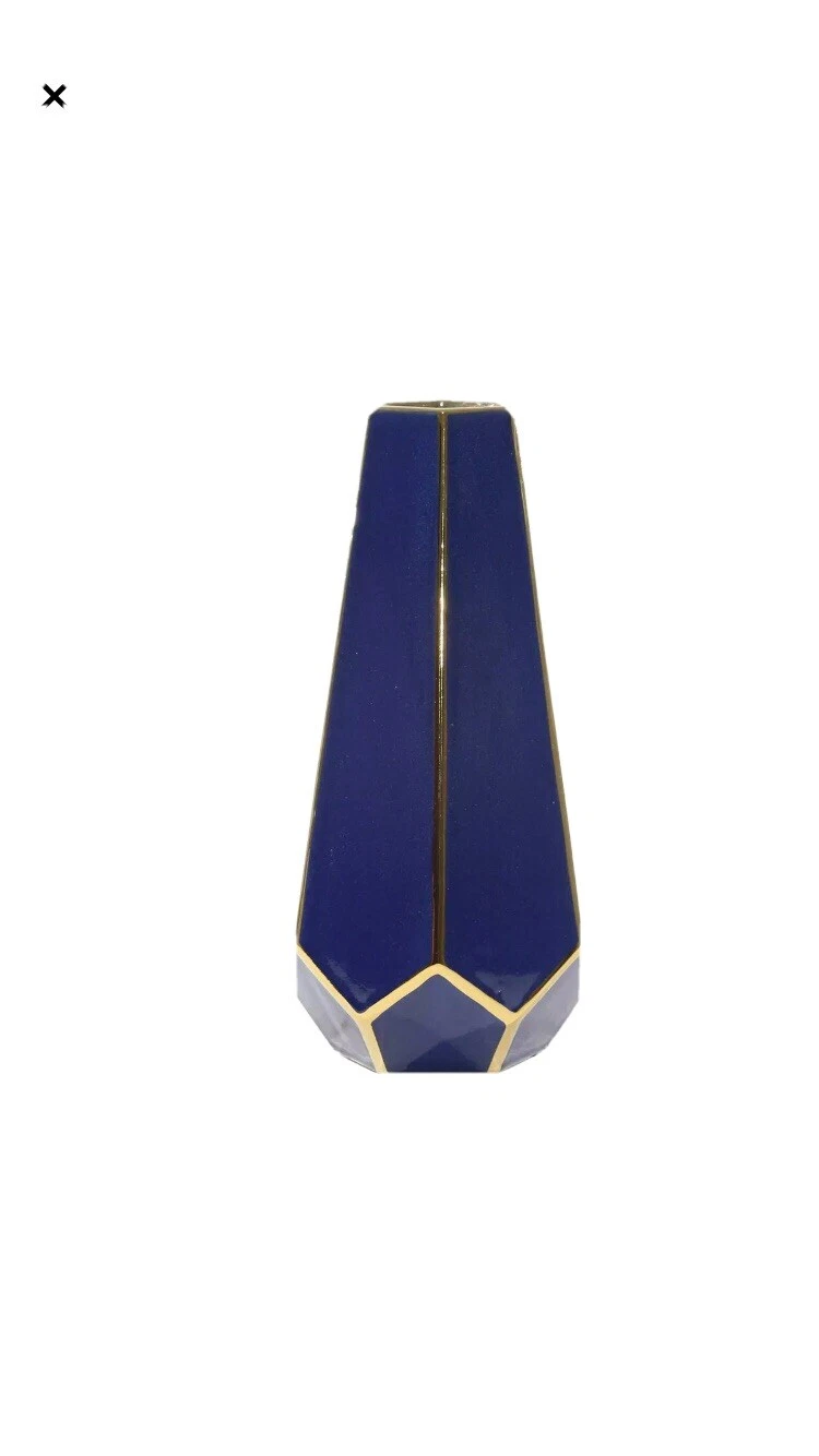 Luxury & Modern Ec, Blue/Gold Faceted Vase 14" Table Decor