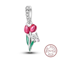 MULA 925 Sterling Silver Charm CZ Pink Tulip Butterfly Dangle For Women Bracelet