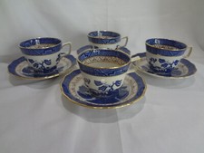 Booths Real Old Willow Blue Cups and Saucers - Set of 4 Gold Trim One Pt Handle