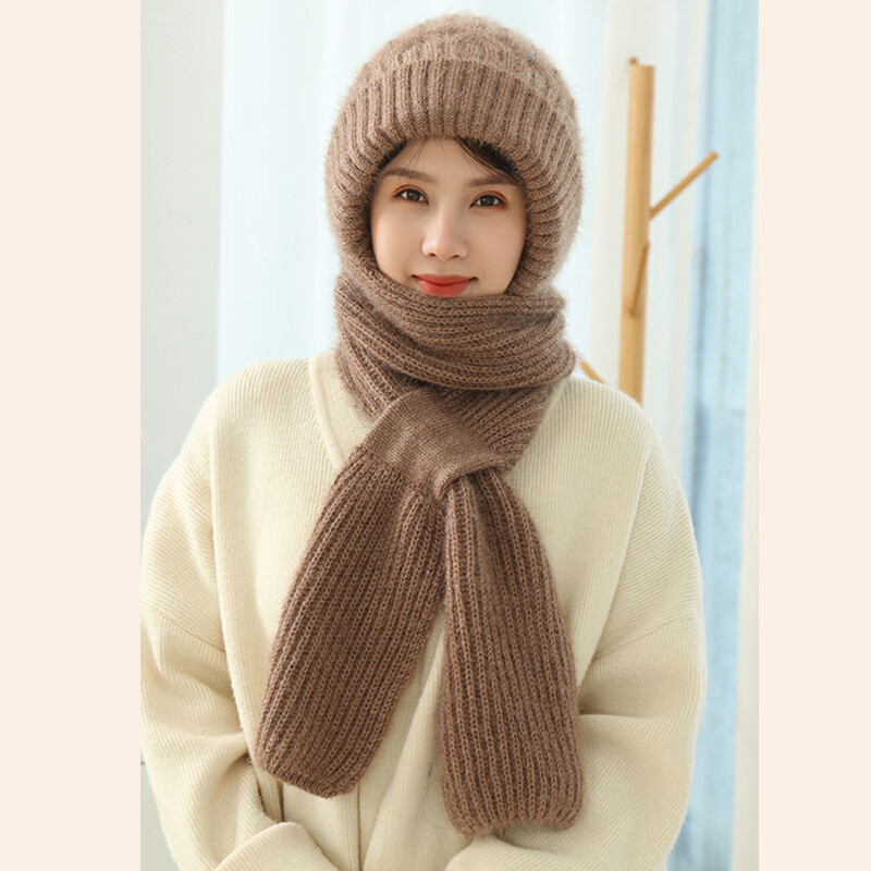 Women\'s Hat and Scarf Set Knit Winter Plain Beanie Neck Warmer, Dark Coffee Women main image 4