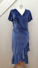 Dannii Minogue Velvet Frill Hem Faux Wrap Dress Blue New Size 10 Petite