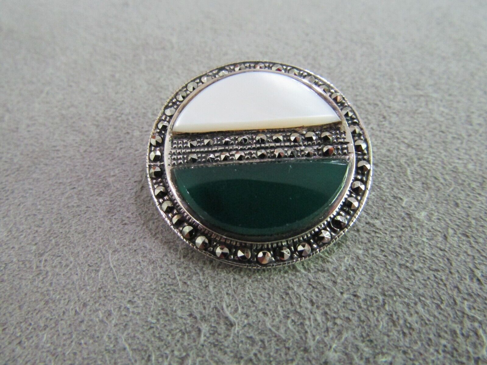 Vintage Sterling Silver Green Jade MOP Marcasite … - image 2