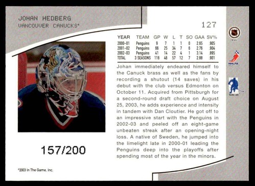 2003-04 Be a Player Memorabilia Ruby Johan Hedberg 157/200 Vancouver Canucks - Picture 2 of 2