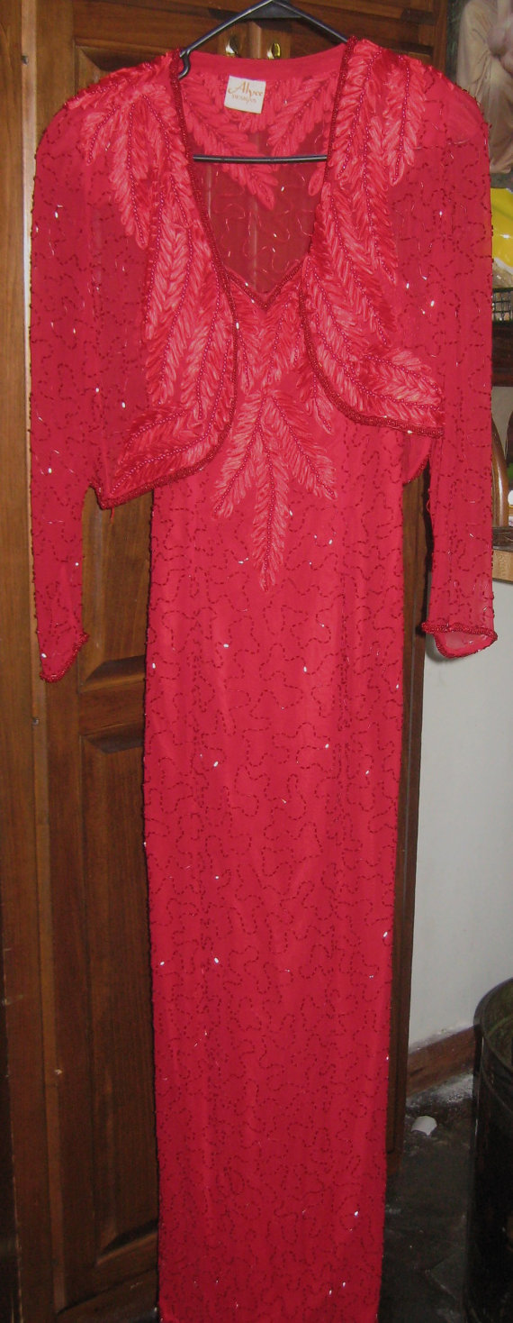 Vintage Red Beaded Full Length Dress with Bolero/Shru… Gem
