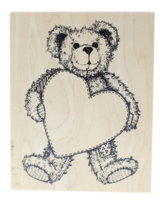 PSX K-1421 1999 Fuzzy Teddy Bear holding a Love Heart Wooden Rubber Stamp