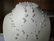 AOK1 S&uuml;&szlig;wasser Zucht Perlen Schmuck Set Ohrringe  Halskette Brautschmuck Collier