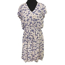 GAP Large Blue White Floral Flutter Sleeve V Neck Dress Elastic Waist