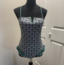 Women's Green White Black Geometric Ruffle One-Piece Swimsuit M Adjustable