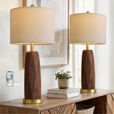 BOBOMOMO 27.5" Table Lamps Set of 2 with USB-A  USB-C Charging Ports, Wood T...