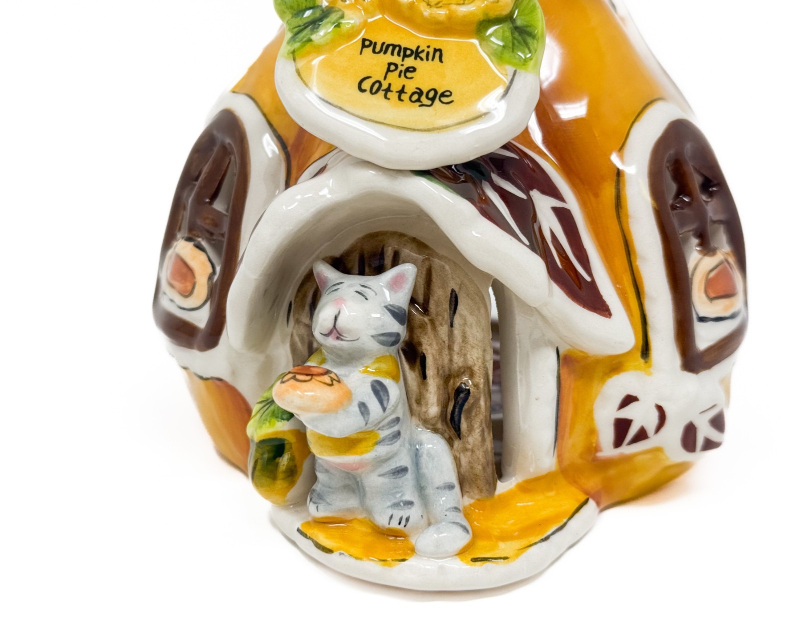 Blue Sky Clayworks Pumpkin Pie Cottage Tealight House Cat Figurine Fall Decor