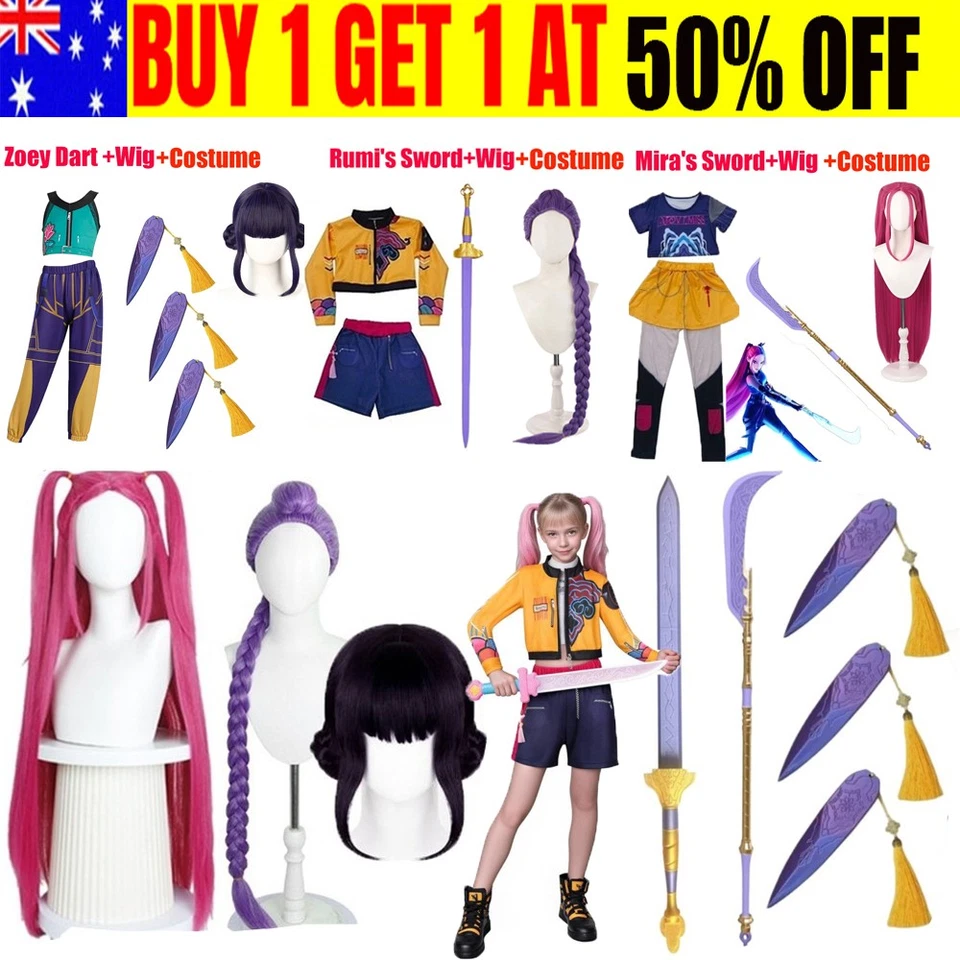 Kids Girls K-Pop: Demon Hunters Rumi Cosplay Costume+Sword Weapons Toy+Wig Set
