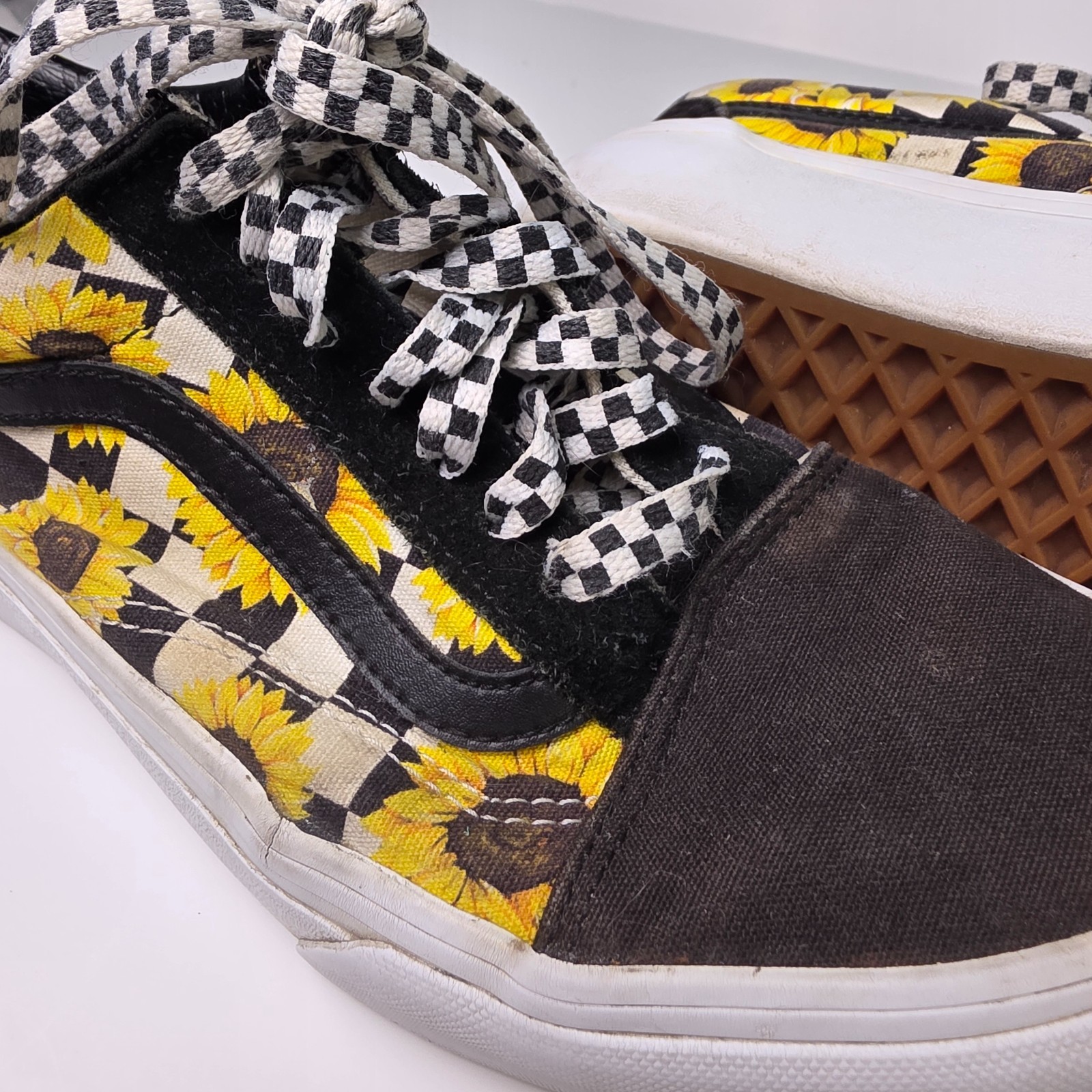 Vans Old Skool Sneakers Black White Checkerboard Sunflower Canvas Shoes M5.5/W7 thumbnail 6