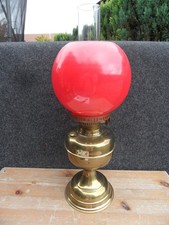 Vintage Brass OIL Lamp Duplex w/Red Shade & Glass Chimney