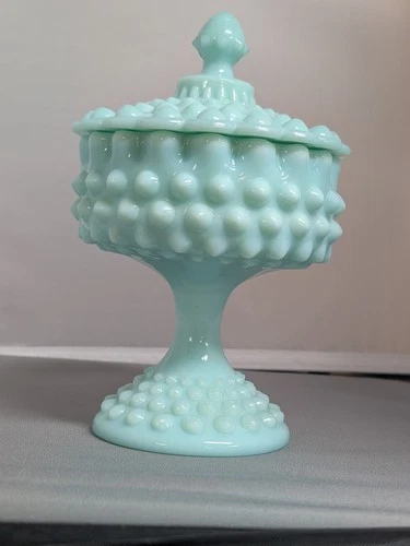 Fenton TURQUOISE/ Aqua  Hobnail Covered Candy Comport Compote ~ 8.5” Tall