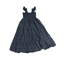 Hill House Home The Nap Dress Large Green Navy Plaid  Smocked Midi Cotton