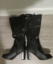 Womens Black Zip Up Knee High Boots Gold Trim...