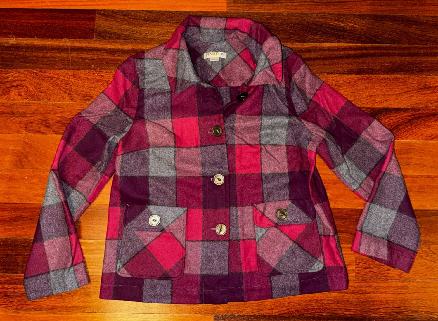 PENDLETON PETITE Red/Grey 100% WOOL Button Front … - image 3