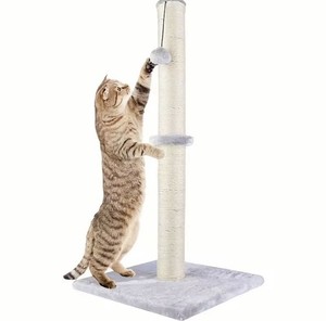 33in Sisal Cat Scratching Post w/ Plush Base & Hanging Ball Toy, Gray