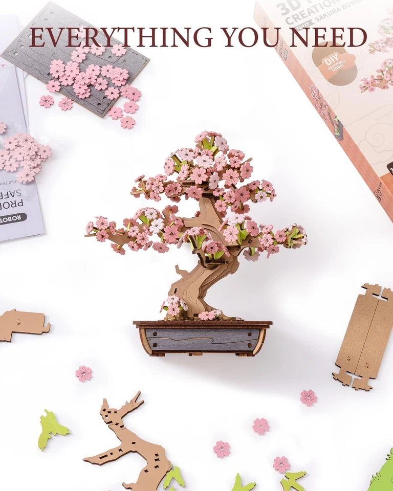 Sakura Bonsai quebra-cabeça 3D madeira artificial cerejeira árvore kit modelo faça você mesmo - Imagem 3 de 4