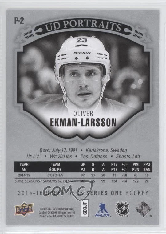 2015-16 Upper Deck UD Portraits Oliver Ekman-Larsson #P-2 - Image 2 of 2