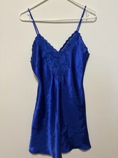Vintage Val Mode Lingerie Royal Blue Satin Chemise with Embroidered Lace V-Neck