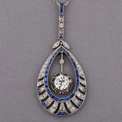 Art Deco Style Lab Created Diamond & Sapphire Wedding 14K White Gold FN Pendant