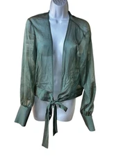 Y2K Moda International Sheer Sage Green Blouse Tie Waist Long Sleeve Large