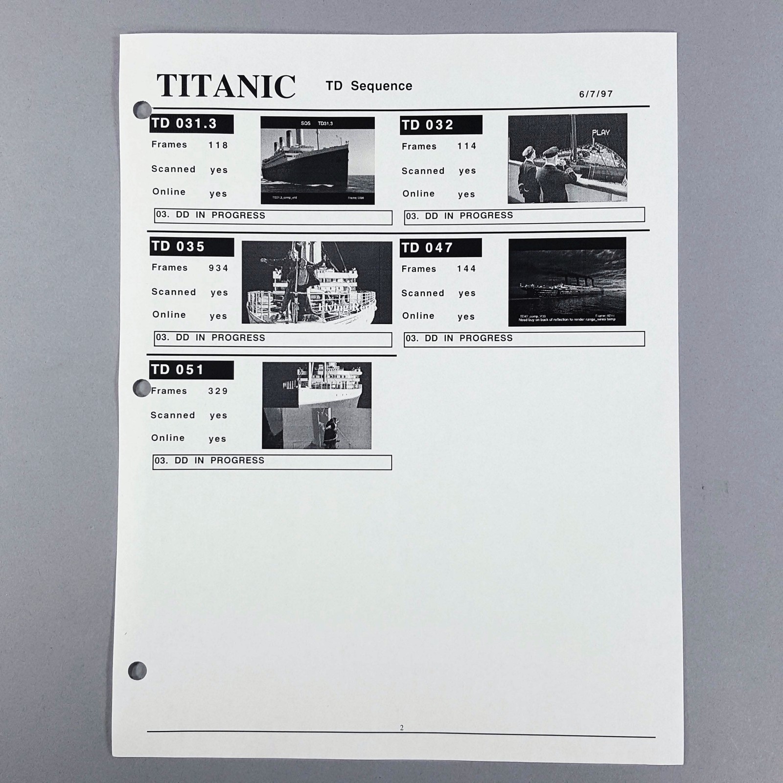 Titanic Ship Departure Sequence Original Production Used VFX Report Movie Prop